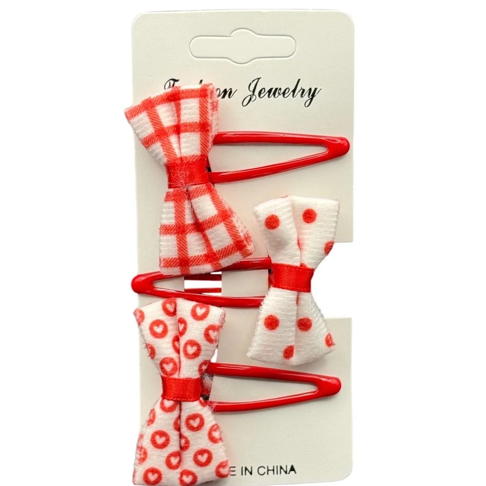 Kids 3pc Red White Bow Snap Hair Clips Gingham Hearts Polka Dot
